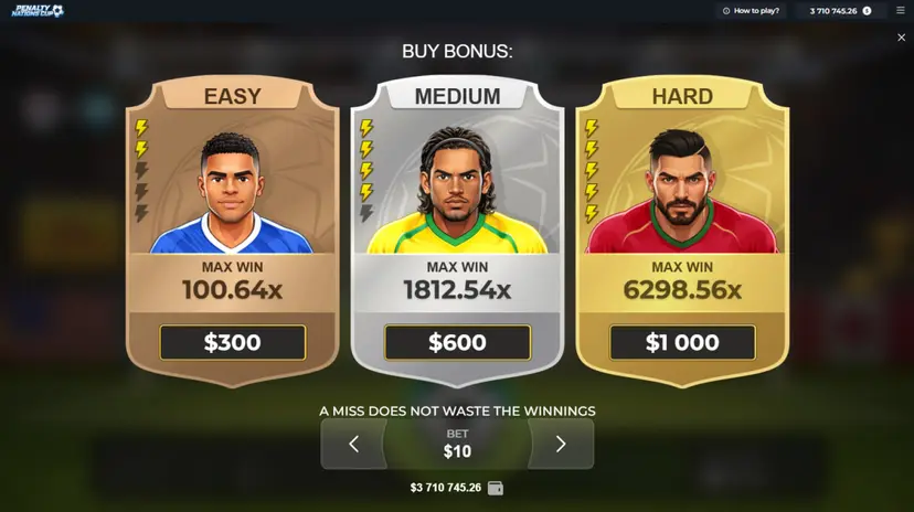 Écran Bonus Buy de Penalty Nations Cup - paliers Easy, Medium et Hard
