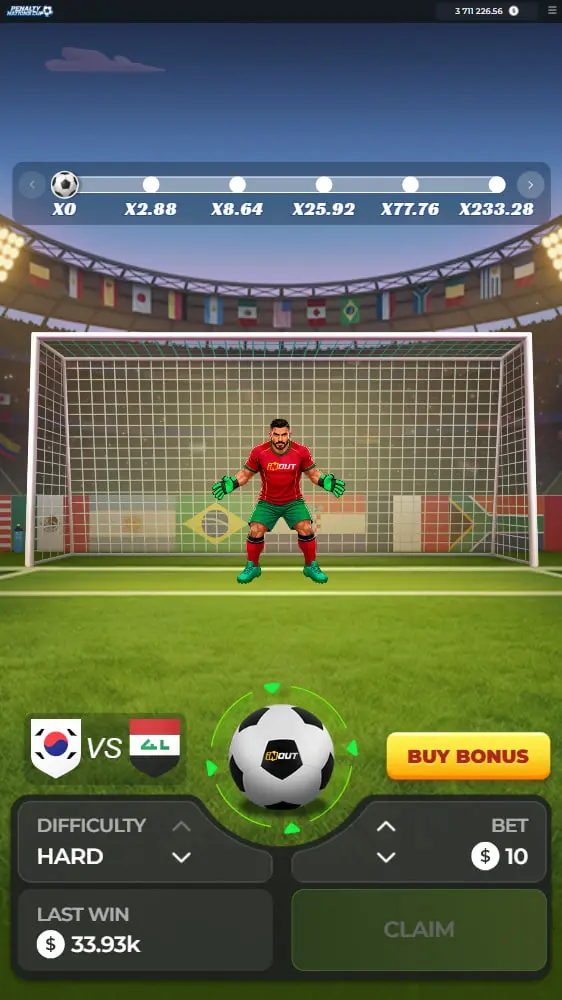 Penalty Nations Cup en mode portrait sur smartphone - tir au but interface tactile